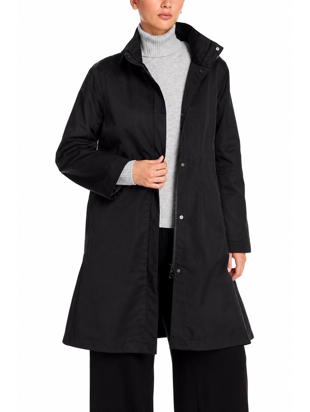 Eileen Fisher Black Cotton Nylon Fleece Lined Long Coat Minimalist Rain Jacket